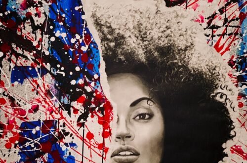 woman in blue and red floral shirt